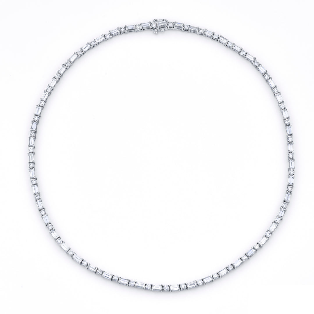 Platinum Straight Baguette and Round Diamond Necklace