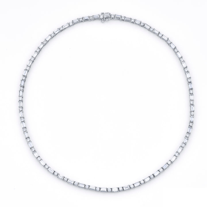 Platinum Straight Baguette and Round Diamond Necklace