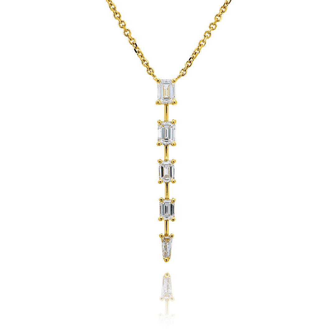 Exquisite Style: Our Unique Diamond Drop Pendant  Emerald-Cut Diamonds & Tapered Baguette Diamonds in 18KY Gold