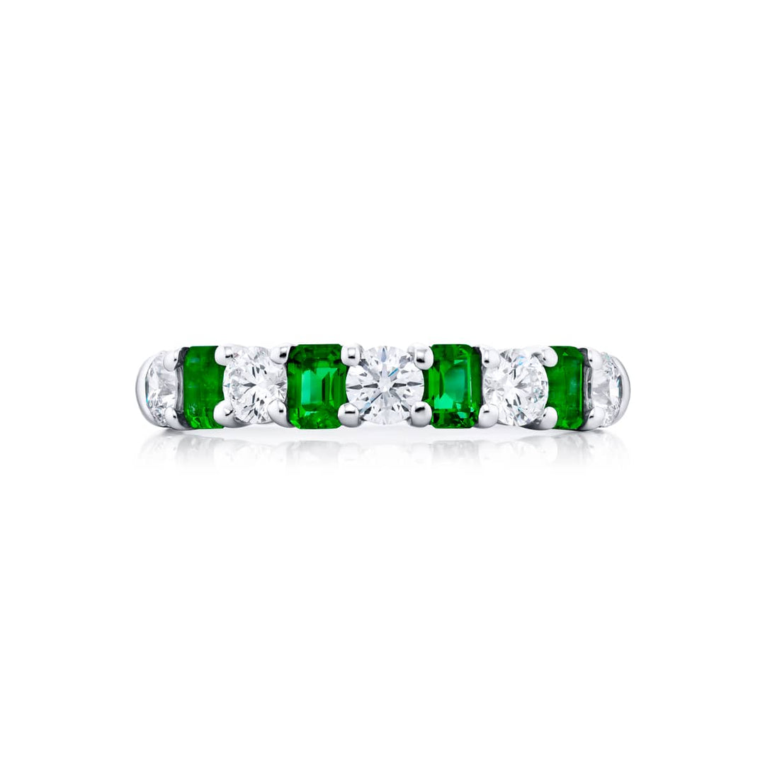 Platinum Emerald-Cut Emerald and Round Diamond Band