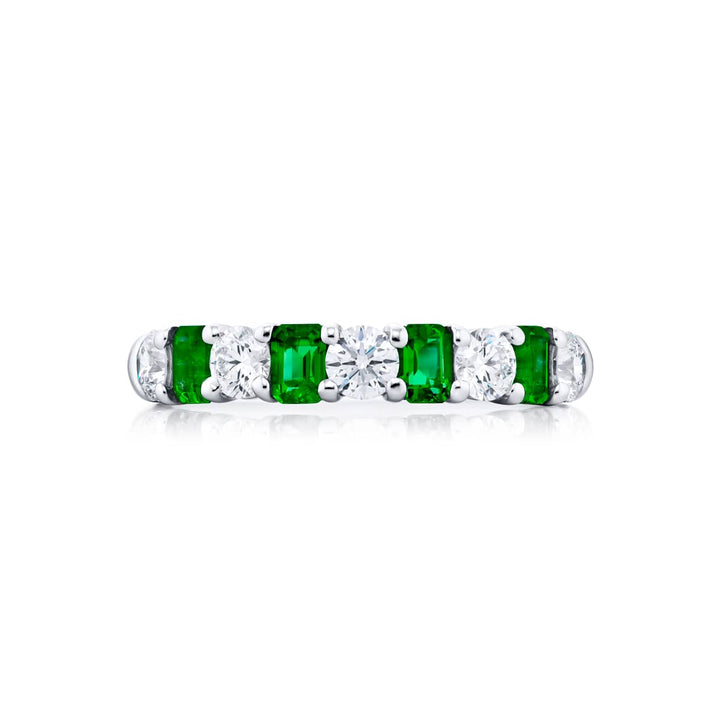 Platinum Emerald-Cut Emerald and Round Diamond Band