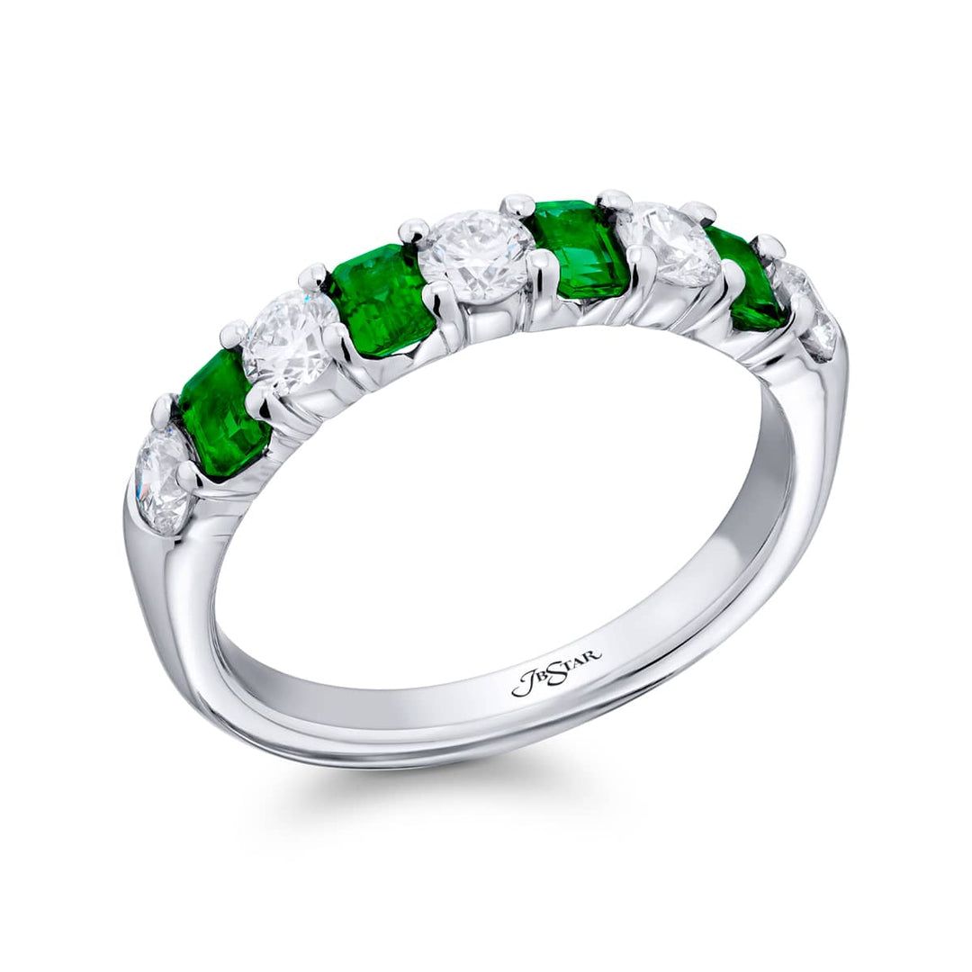 Platinum Emerald-Cut Emerald and Round Diamond Band