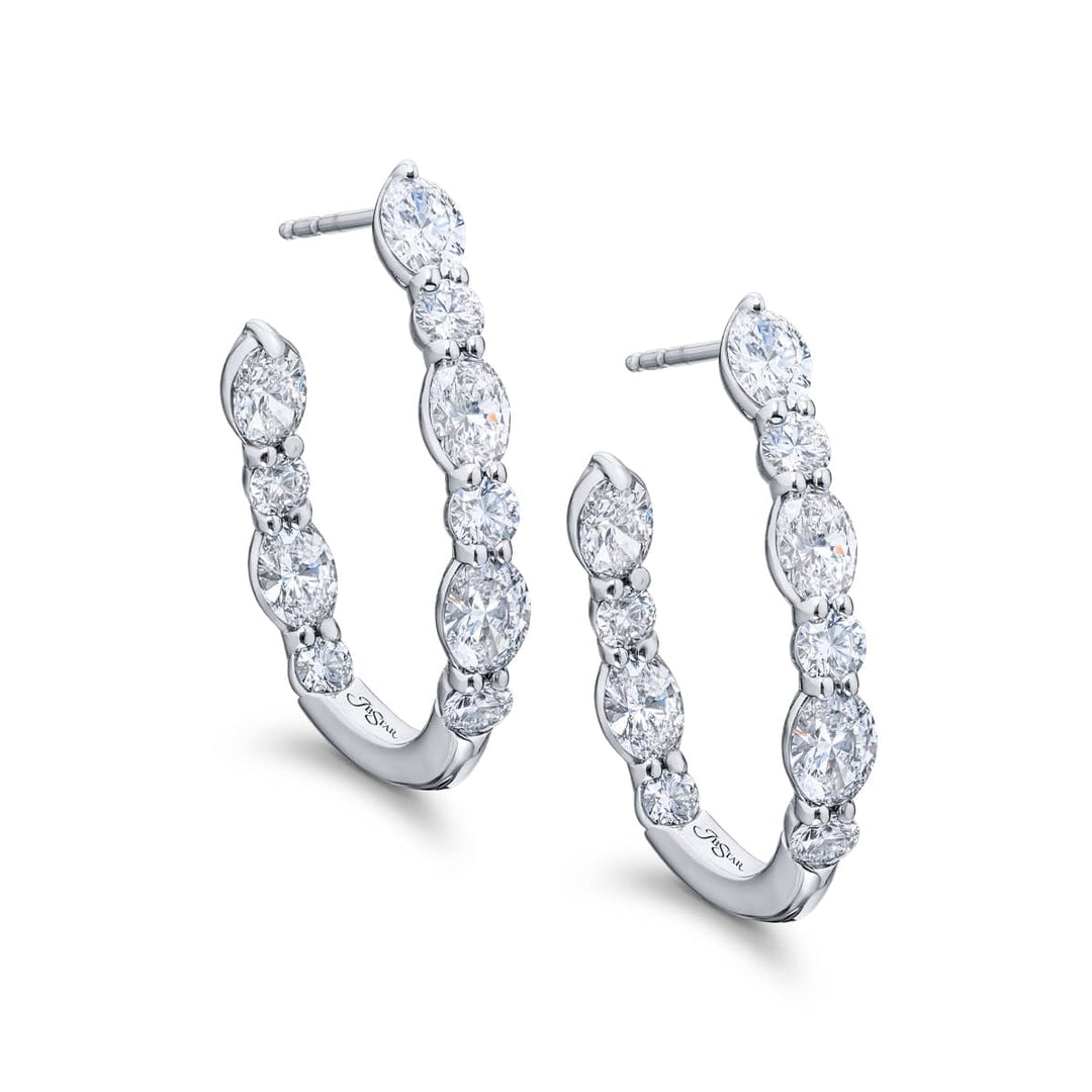 Platinum Oval and Round Diamond Hoop Earrings