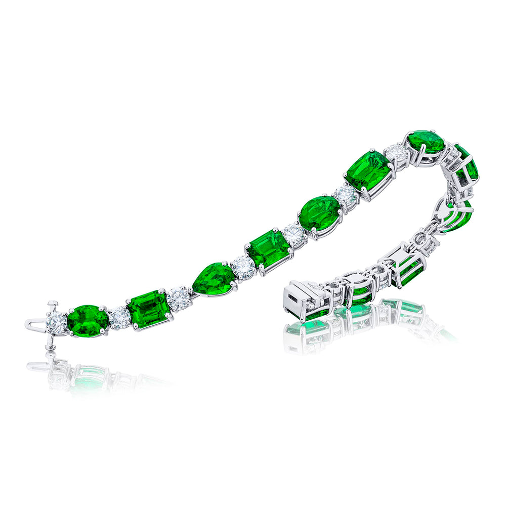 Platinum Emerald-Cut Pear-Shaped Oval and Cushion-Cut Emerald Bracelet
