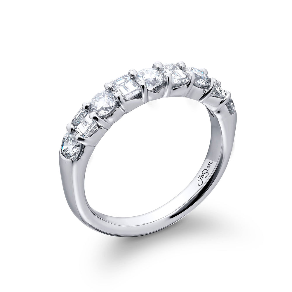 Platinum Emerald-Cut and Round Diamond Single-Row Band