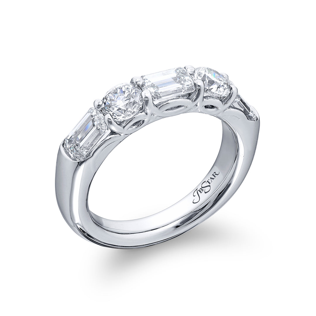 Elegance Elevated: Our classic single row East-West Diamond Band. These beautiful emerald-cut diamonds blended with round diamonds are handcrafted in pure platinum.