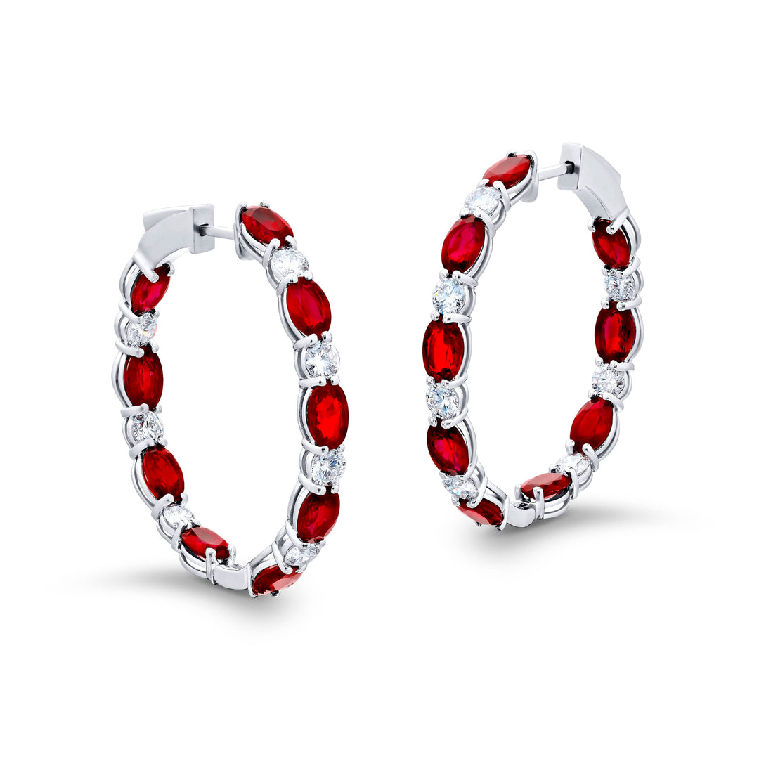 Platinum Oval Ruby and Diamond Hoop Earrings
