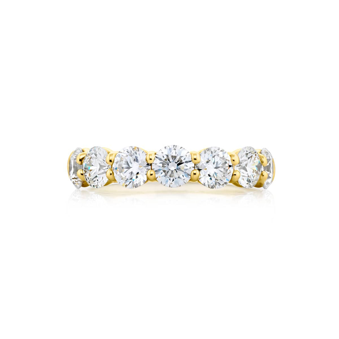Elegance Elevated: Our signature 2.80 ctw. Diamond Band. These seven beautiful round diamonds are handcrafted in 18KY gold.