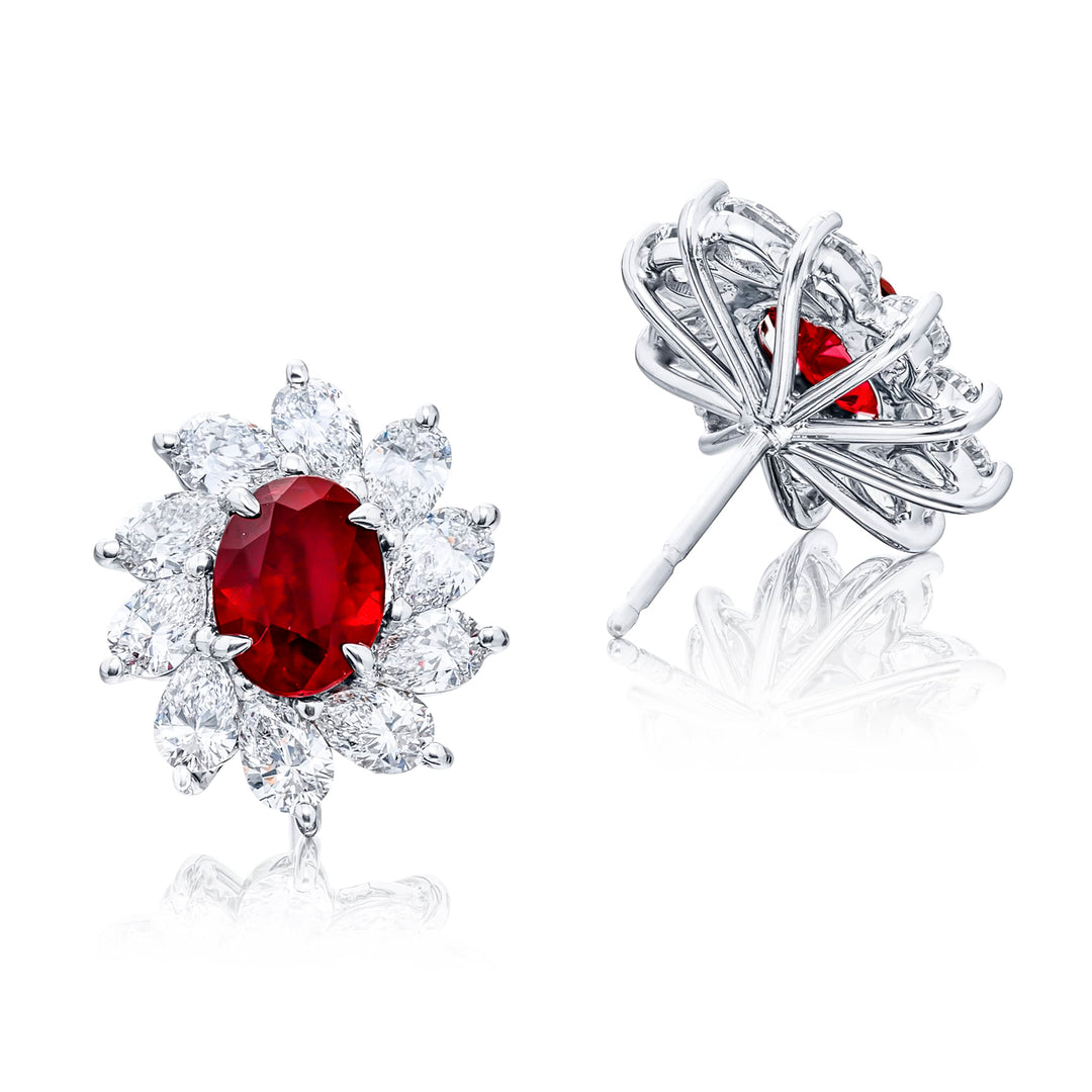 Platinum Oval Ruby Certified Floral Stud Earrings