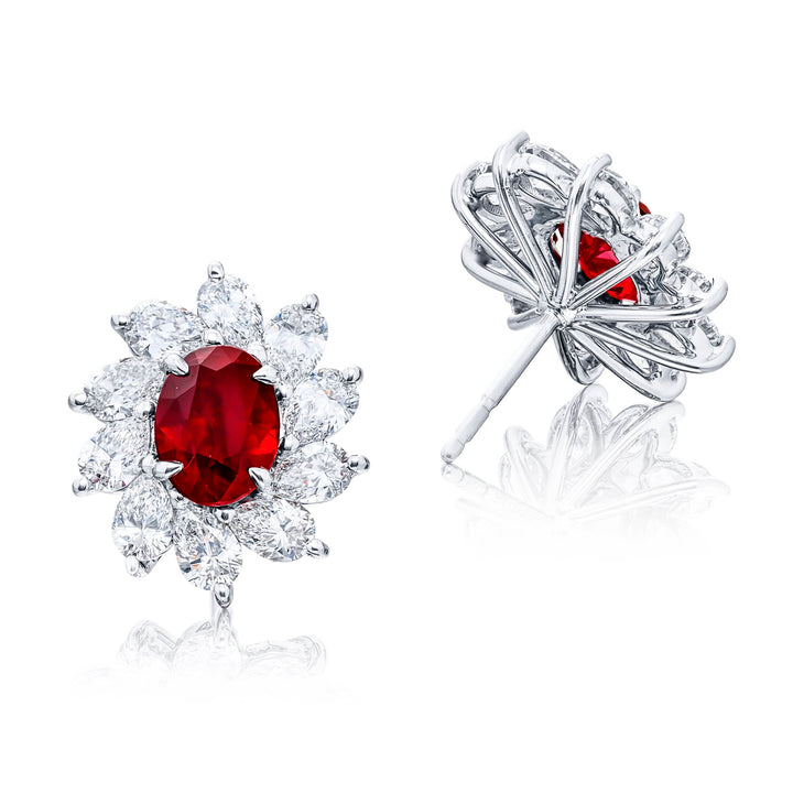 Platinum Oval Ruby Certified Floral Stud Earrings