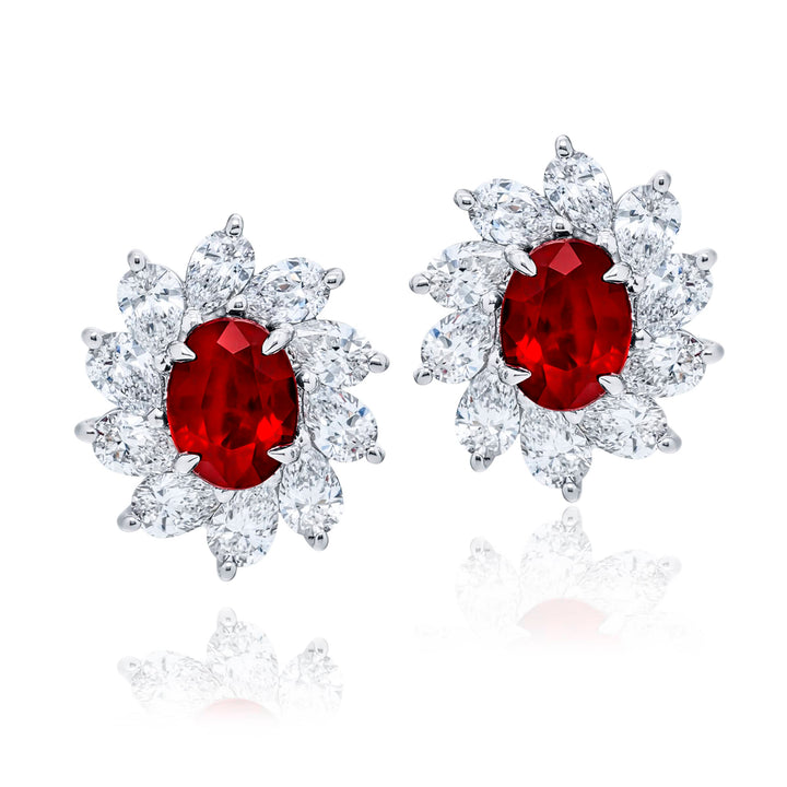 Platinum Oval Ruby Certified Floral Stud Earrings