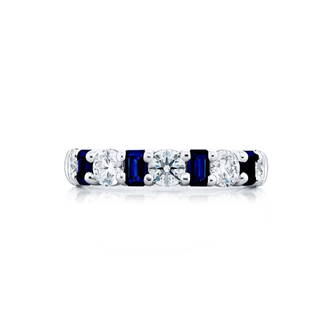 Platinum Emerald-Cut Sapphire and Round Diamond Single-Row Band