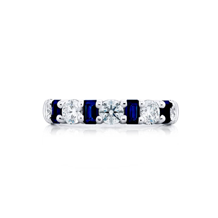 Platinum Emerald-Cut Sapphire and Round Diamond Single-Row Band