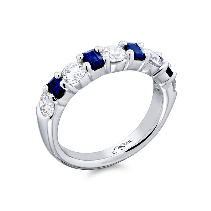 Platinum Emerald-Cut Sapphire and Round Diamond Single-Row Band