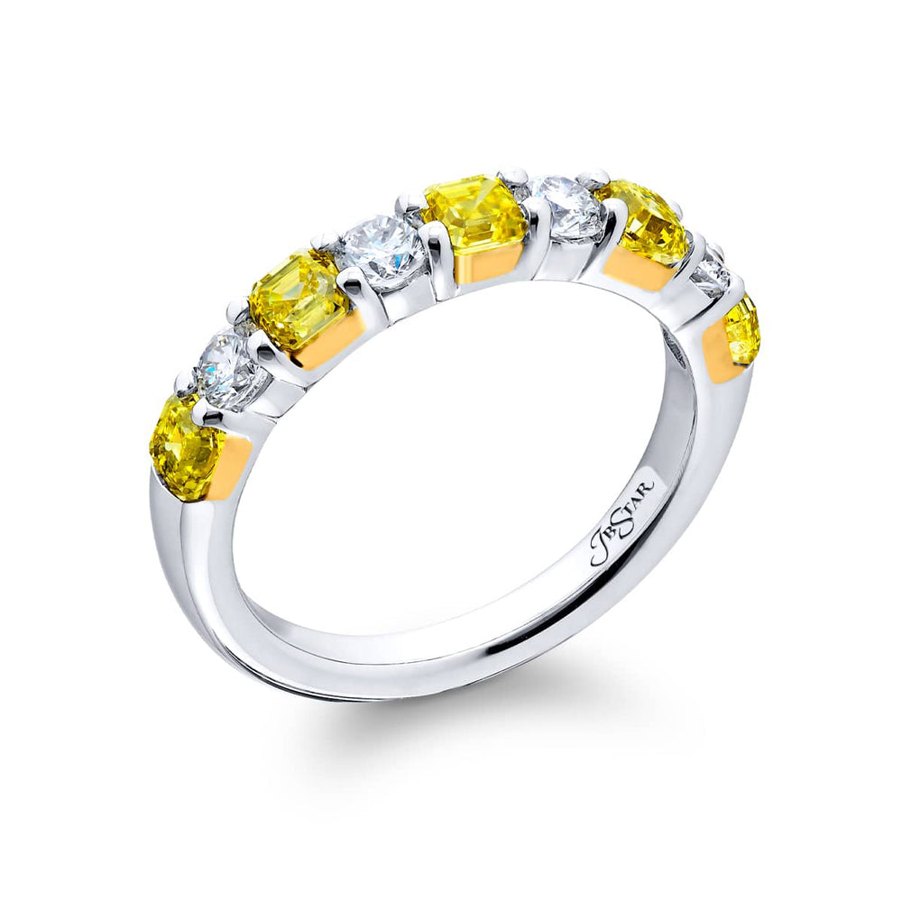 Elegance Elevated: Our classic Fancy Yellow and White Diamond Band. These beautiful fancy yellow square emerald-cut blended with round white diamonds are handcrafted in pure platinum and 18KY gold.