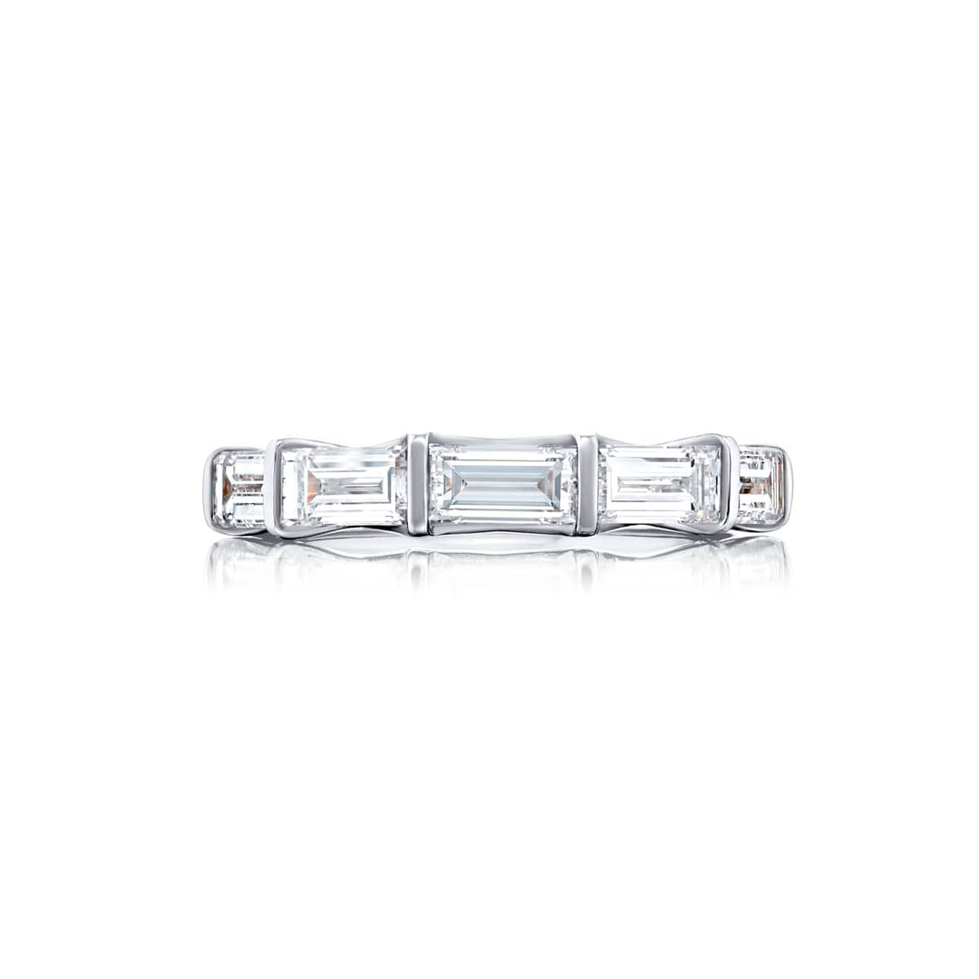 Elegance Elevated: Our classic single row 2.12 ctw. GIA certified East-West Diamond Band. These five beautiful straight baguette diamonds are handcrafted in pure platinum.