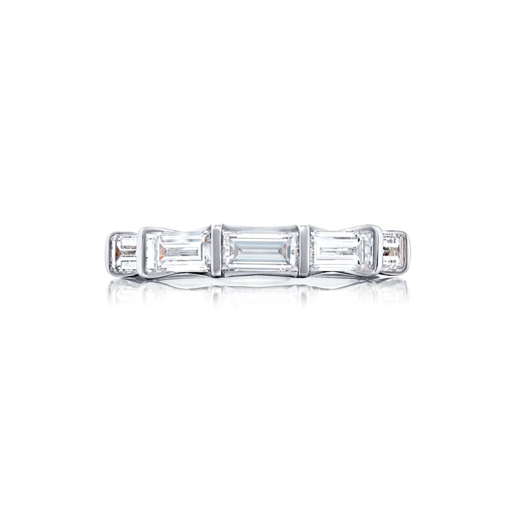 Elegance Elevated: Our classic single row 2.12 ctw. GIA certified East-West Diamond Band. These five beautiful straight baguette diamonds are handcrafted in pure platinum.