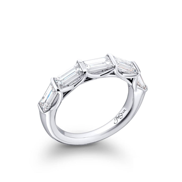 Elegance Elevated: Our classic single row 2.12 ctw. GIA certified East-West Diamond Band. These five beautiful straight baguette diamonds are handcrafted in pure platinum.