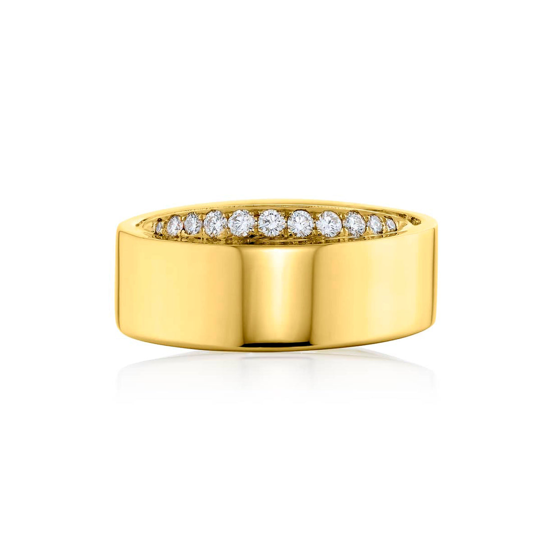 Elegance Elevated: Our elegant Wide Pave Diamond Band. These stunning micro pave diamonds embellish a swooping wide band all handcrafted in 18KY gold.