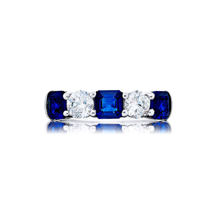 Classic Single-Row Sapphire and Diamond Band | Platinum Emerald-Cut Sapphire and Round Diamond Ring