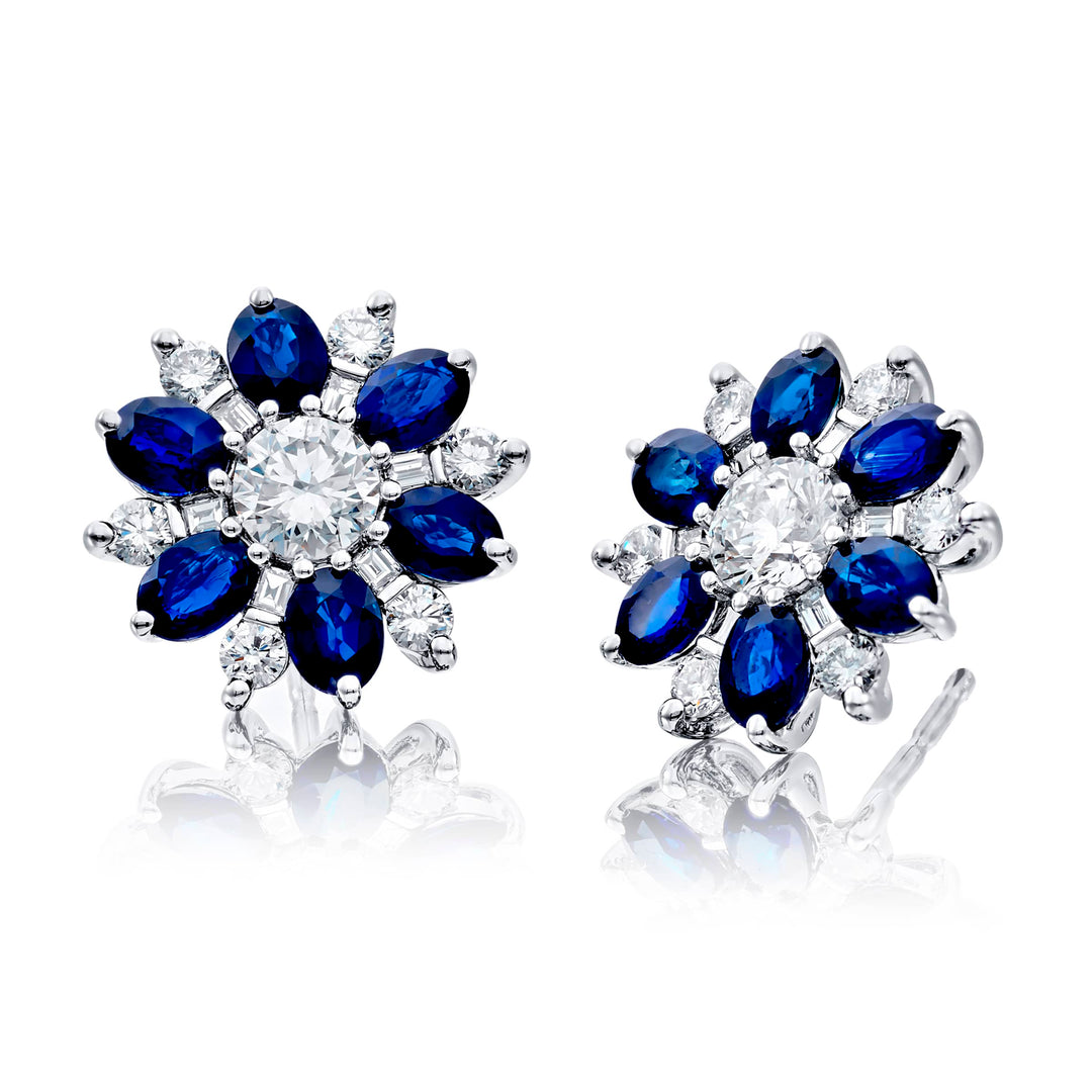 Platinum Oval Sapphire Floral Stud Earrings