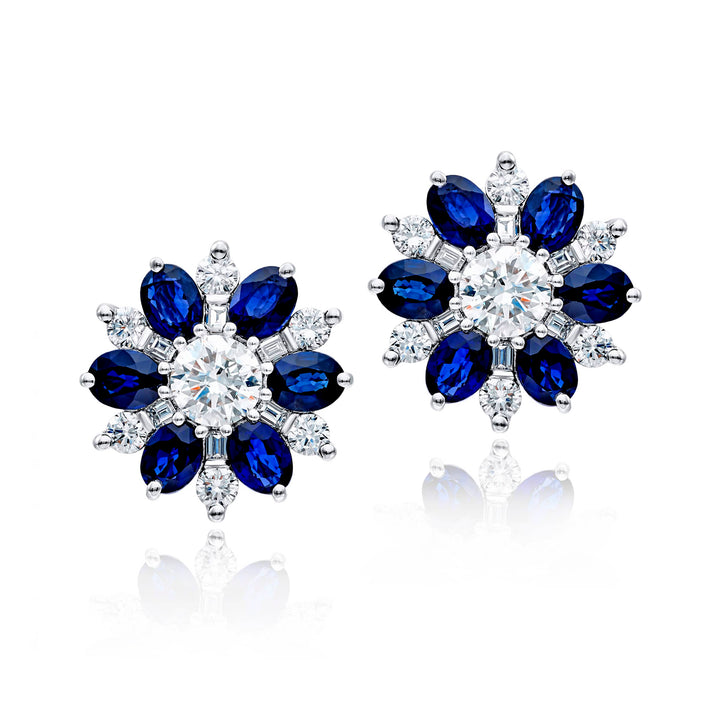 Platinum Oval Sapphire Floral Stud Earrings