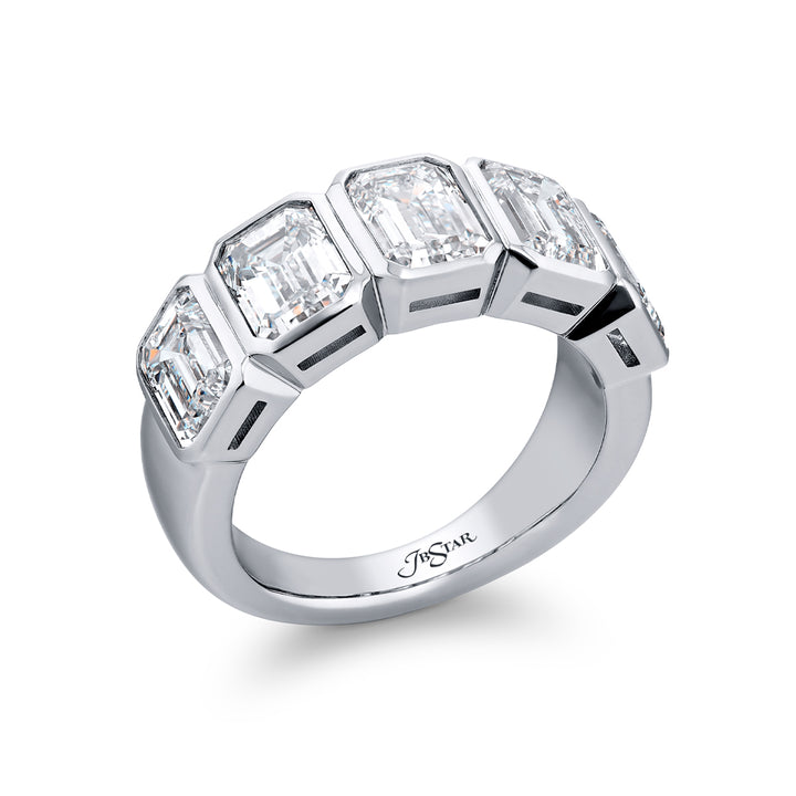 Elegance Elevated: Our stunning 5.11 ctw. GIA certified Bezel Diamond Band. These five beautiful emerald-cut diamonds are handcrafted in pure platinum.