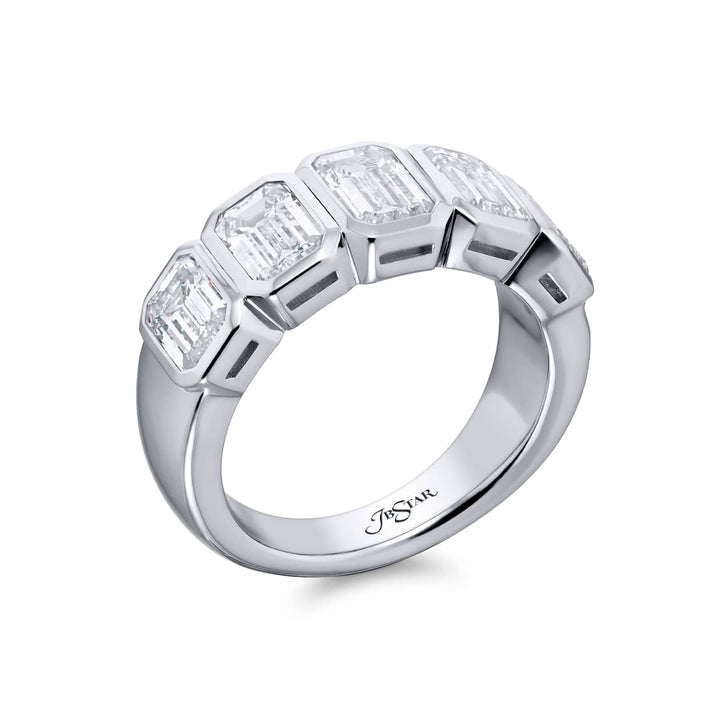 Elegance Elevated: Our stunning 3.07 ctw. Bezel Diamond Band. These five beautiful emerald-cut diamonds are handcrafted in pure platinum.