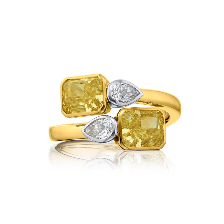 Dazzling Brilliance: GIA Certified Bezel Twogether Diamond Ring  Radiant-Cut Fancy Yellow Diamonds with Pear-Shaped Accents in 18K Yellow Gold