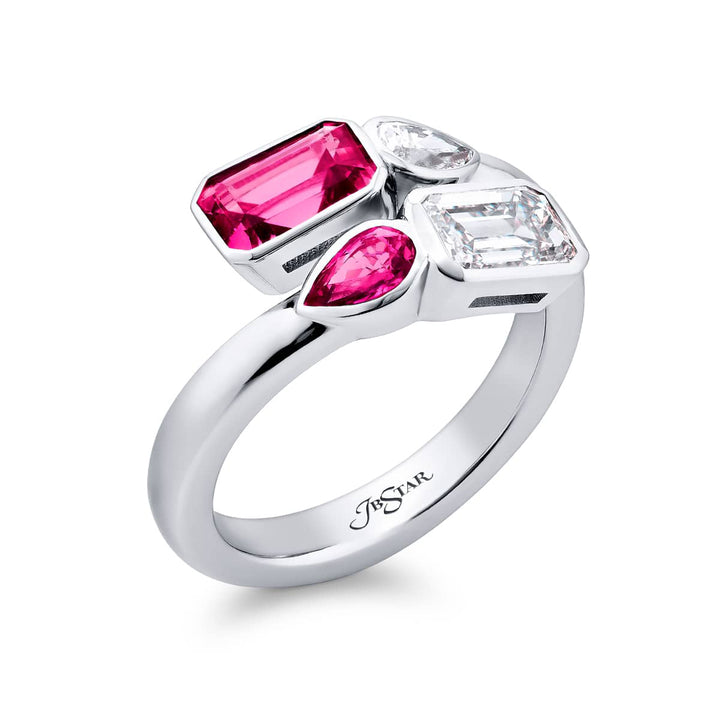 Breathtaking Radiance: Our unique GIA certified Bezel Twogether Pink Sapphire and Diamond Ring. This stunning emerald-cut diamond and pink sapphire accompanied by a shimmering pear-shaped diamond and pink sapphire are handcrafted in pure platinum.
