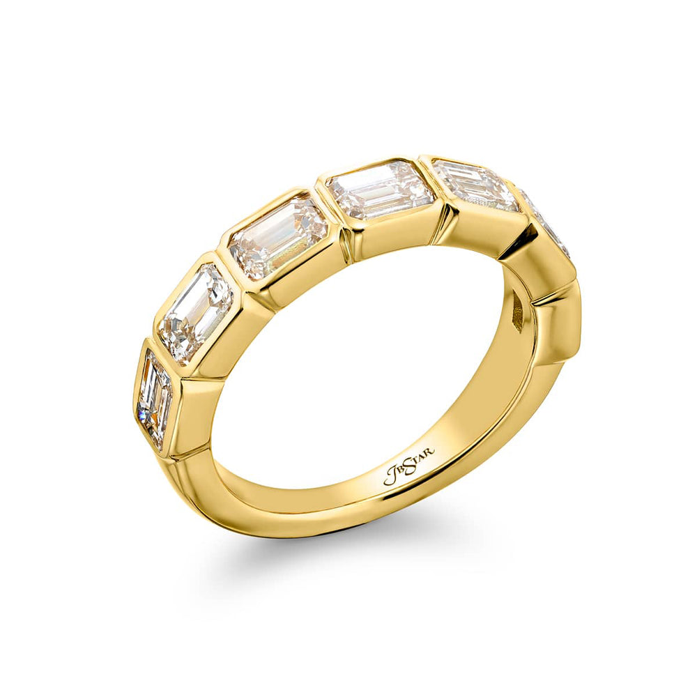 Elegance Elevated: Our classic single row East-West Diamond Band. These seven beautiful emerald-cut diamonds are handcrafted in 18KY gold.