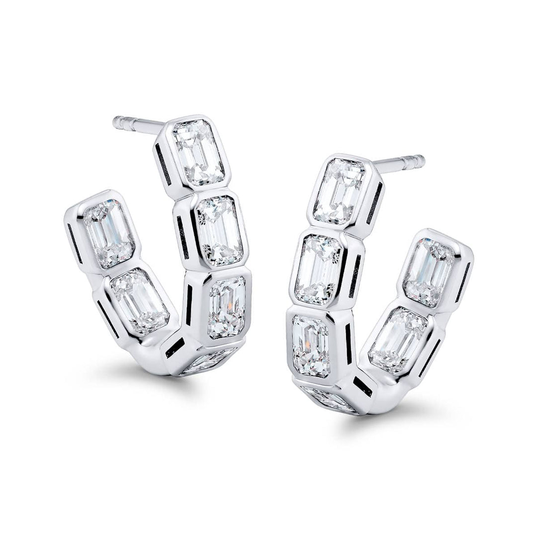Platinum Emerald-Cut Diamond Bezel Set Hoop Earrings