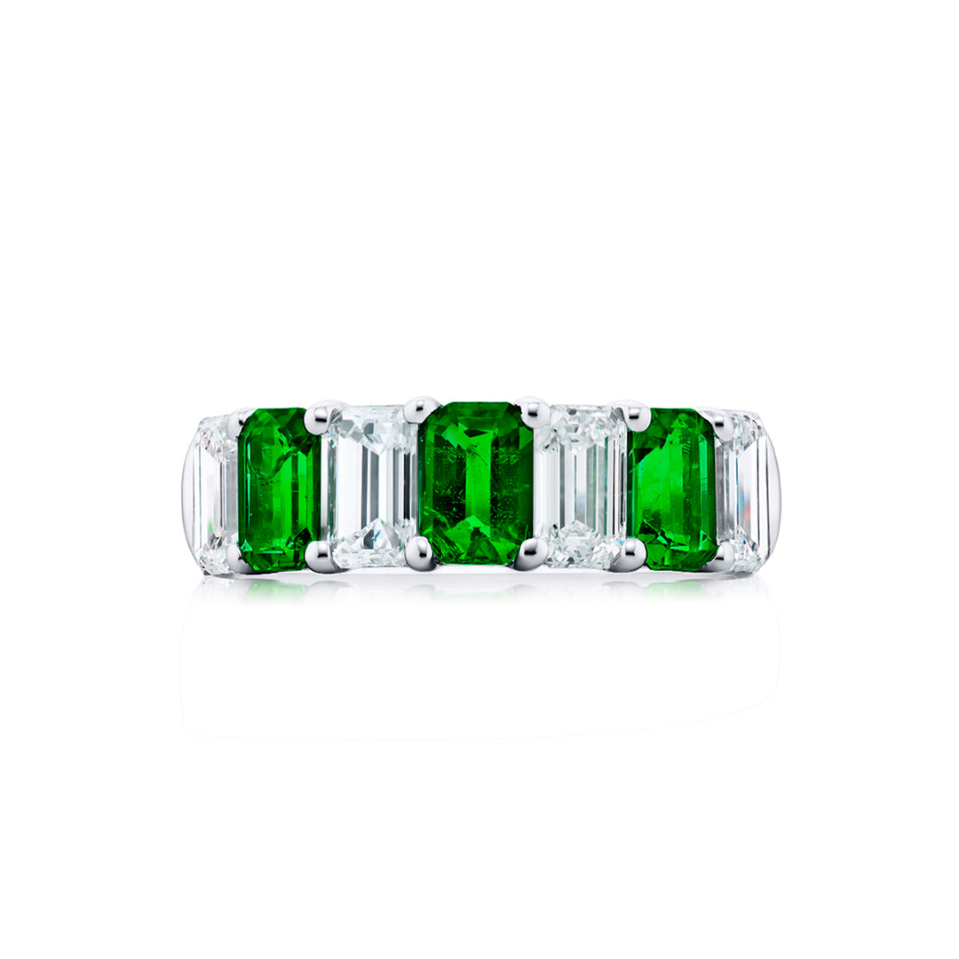Platinum Emerald-Cut Emerald and Diamond Band