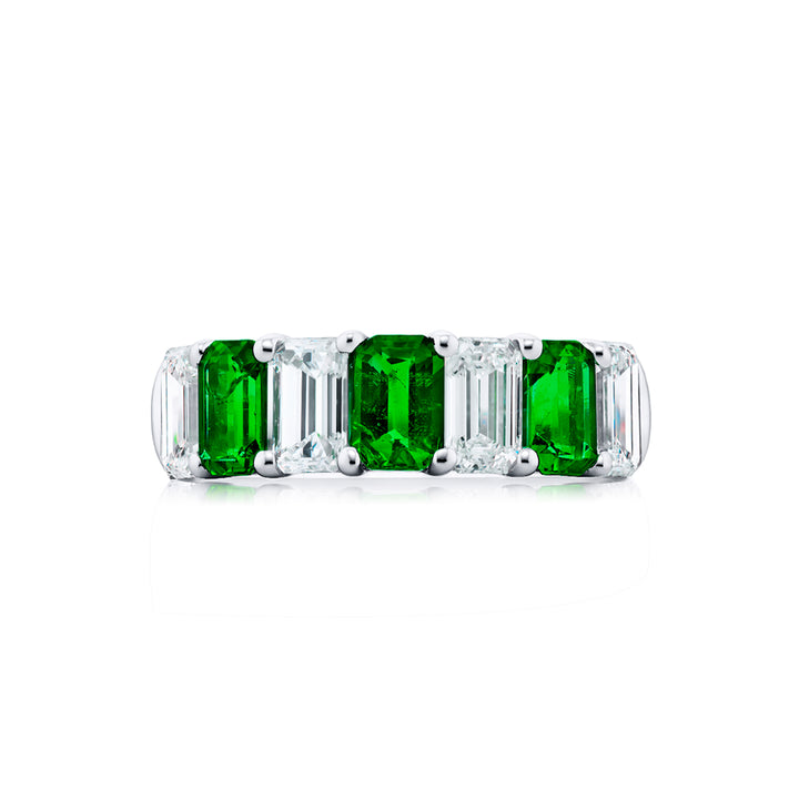 Platinum Emerald-Cut Emerald and Diamond Band