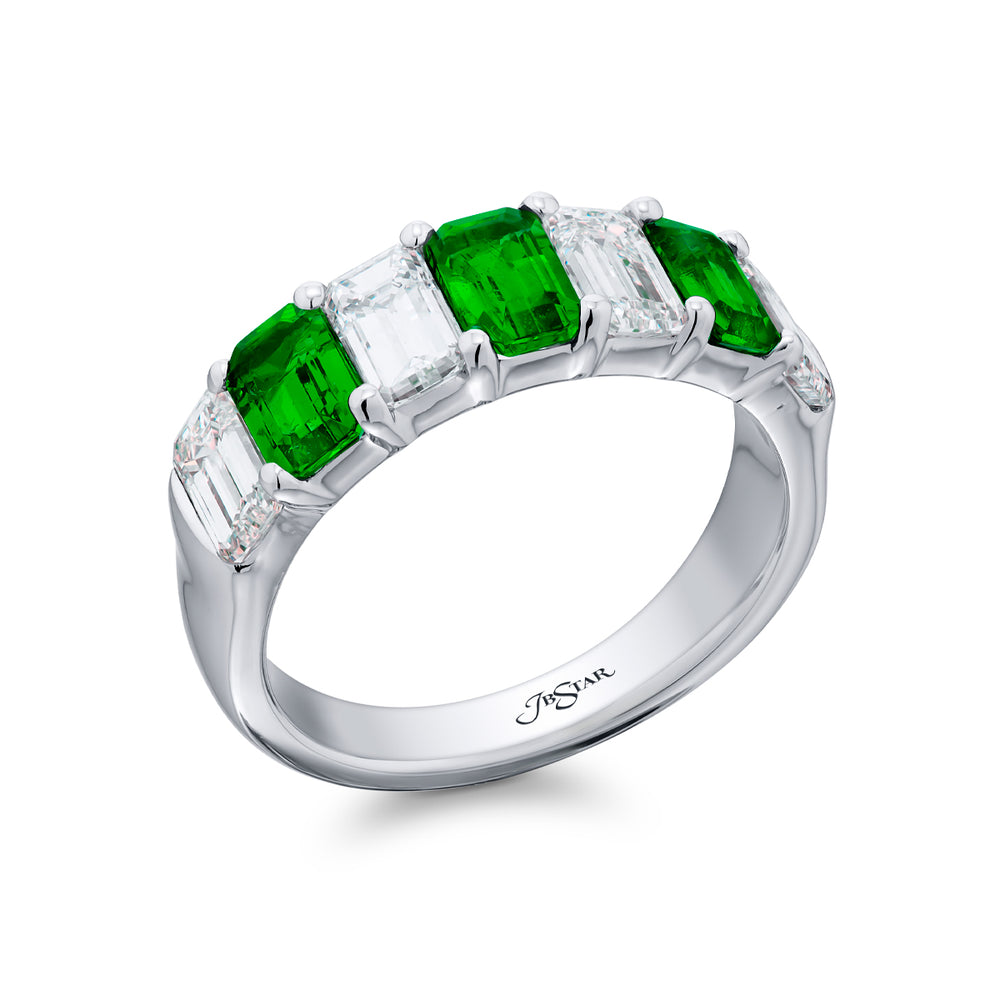 Platinum Emerald-Cut Emerald and Diamond Band