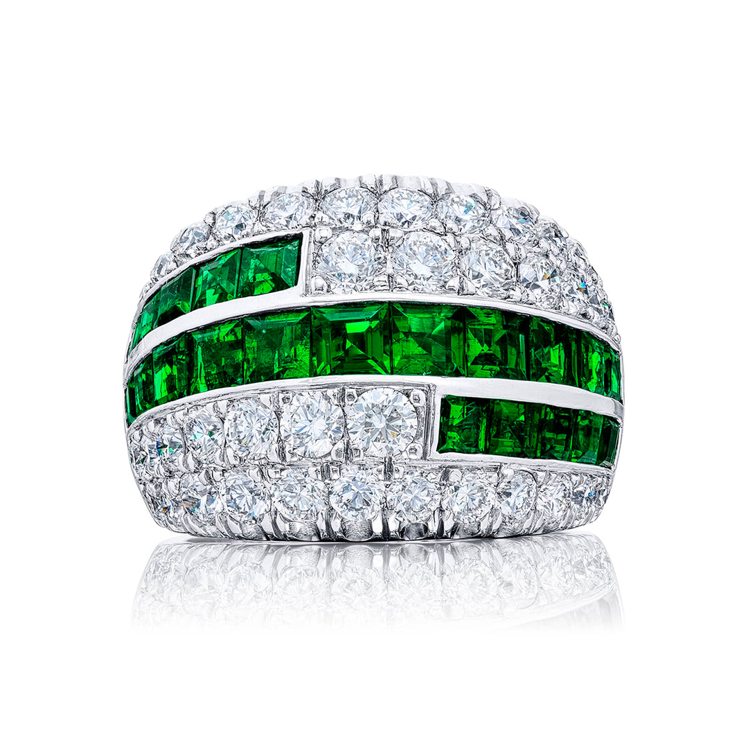 Platinum Square Emerald-Cut Emerald and Round Diamond Five-Row Band