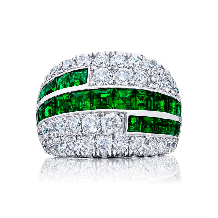 Platinum Square Emerald-Cut Emerald and Round Diamond Five-Row Band