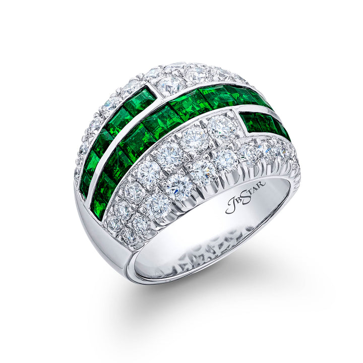Platinum Square Emerald-Cut Emerald and Round Diamond Five-Row Band