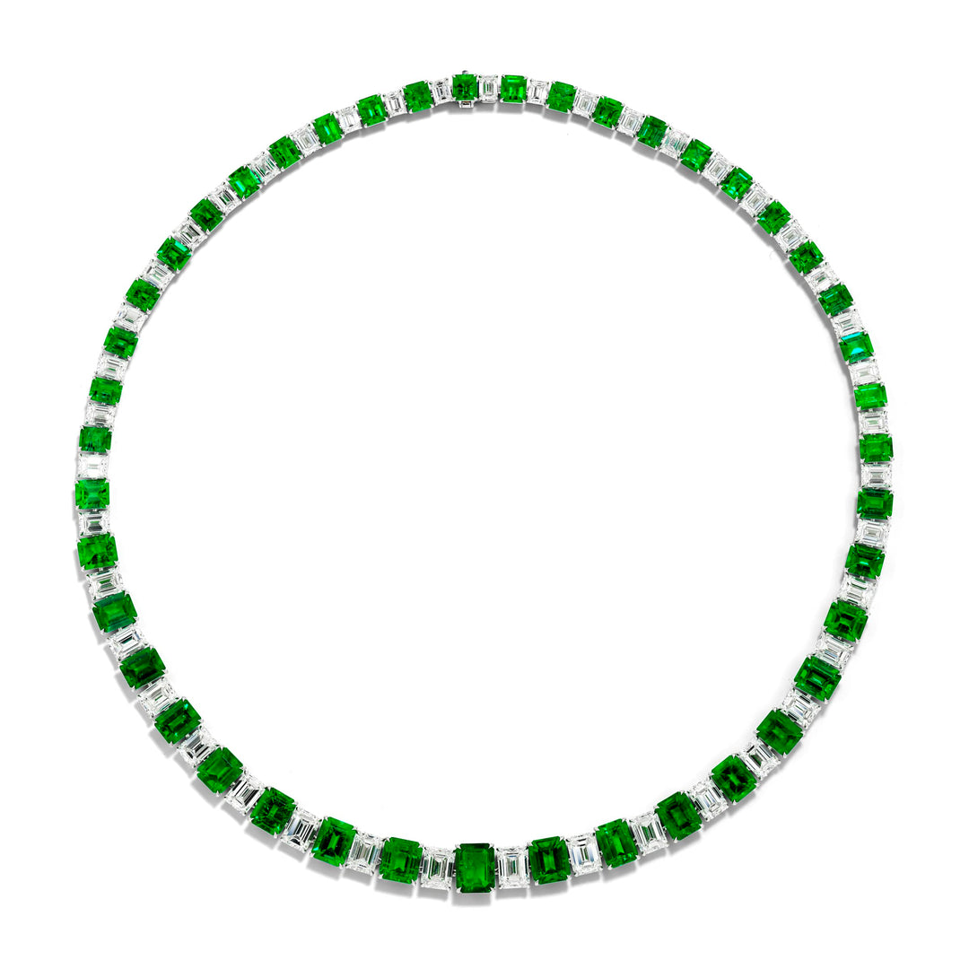 Platinum Emerald-Cut Emerald and Diamond Necklace