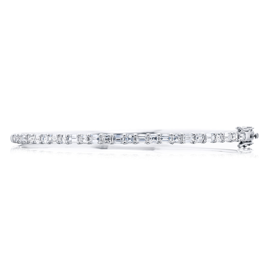 18K White Gold Emerald-Cut and Round Diamond Bangle Bracelet
