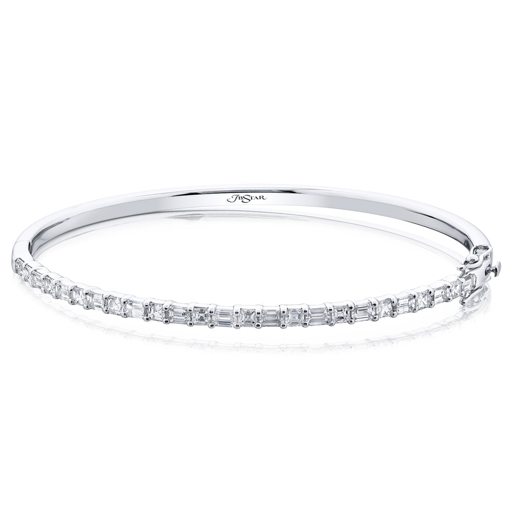 18K White Gold Emerald-Cut and Round Diamond Bangle Bracelet