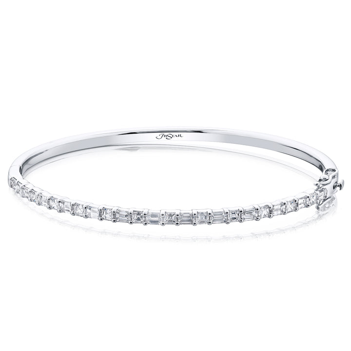 18K White Gold Emerald-Cut and Round Diamond Bangle Bracelet