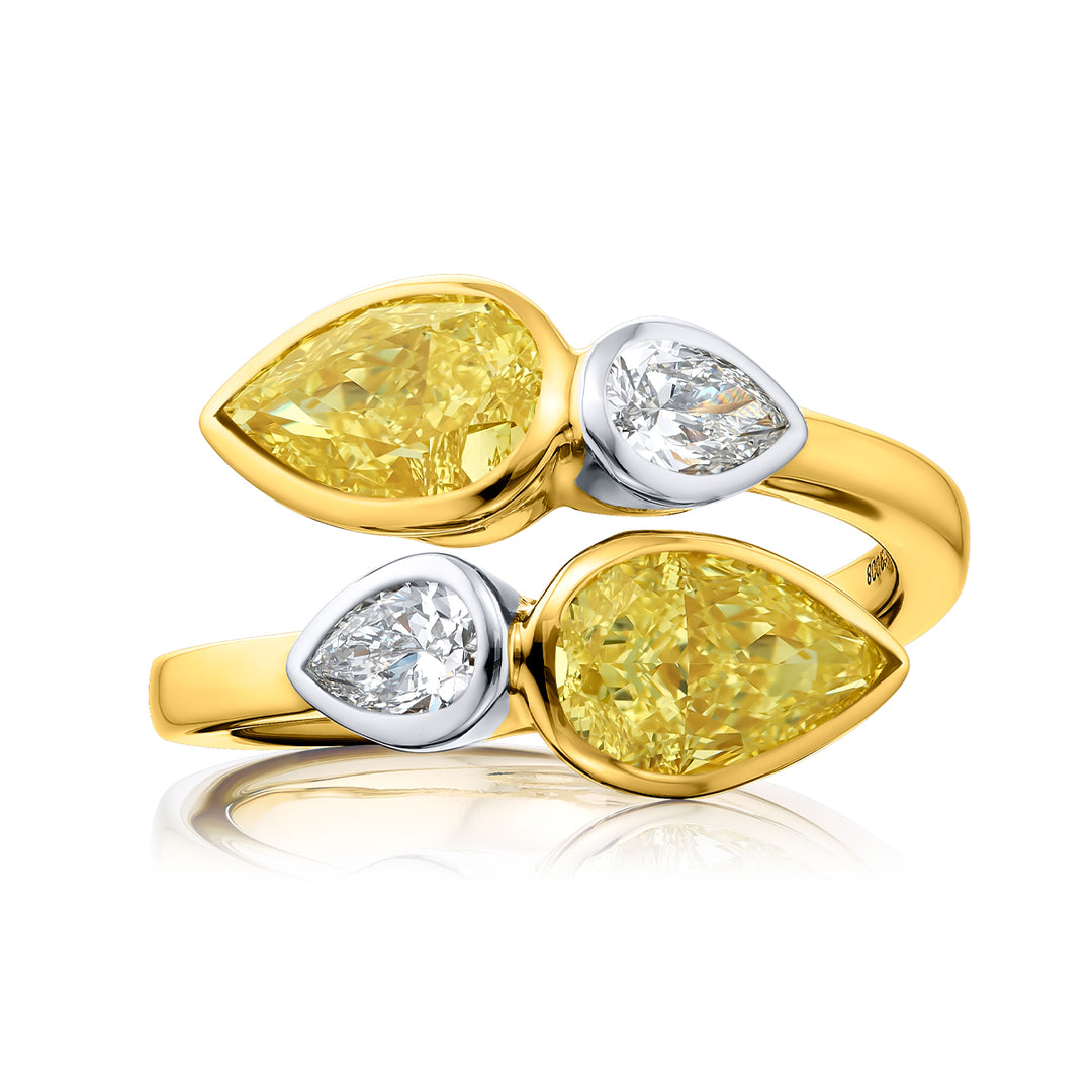Dazzling Brilliance: GIA-Certified Bezel Twogether Diamond Ring  Pear-Shaped Fancy Yellow and White Diamonds in 18K Yellow Gold
