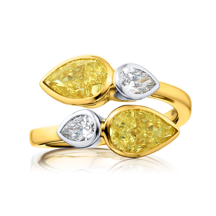 Dazzling Brilliance: GIA-Certified Bezel Twogether Diamond Ring  Pear-Shaped Fancy Yellow and White Diamonds in 18K Yellow Gold