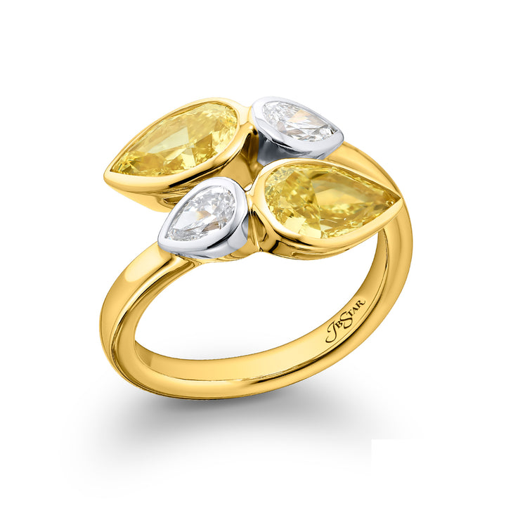 Dazzling Brilliance: GIA-Certified Bezel Twogether Diamond Ring  Pear-Shaped Fancy Yellow and White Diamonds in 18K Yellow Gold