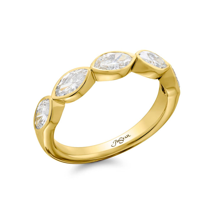 Elegance Elevated: Our stunning 1.26 ctw. East-West Bezel Diamond Band. These five beautiful marquise diamonds are handcrafted in 18K yellow gold.