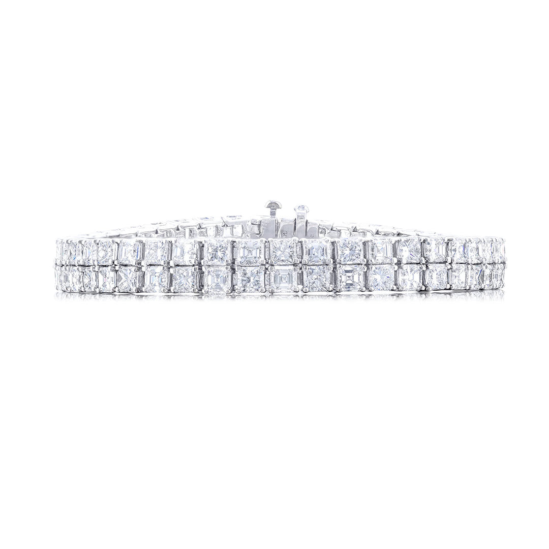 Platinum Square Emerald-Cut and Radiant-Cut Diamond Two-Row Bracelet