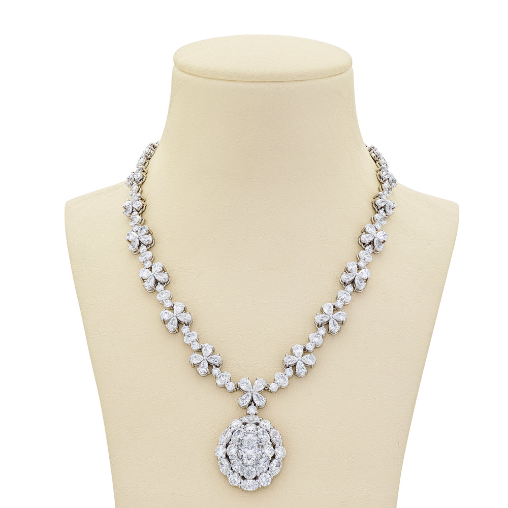 Platinum Pear-Shaped and Oval Diamond Certified Floral Necklace