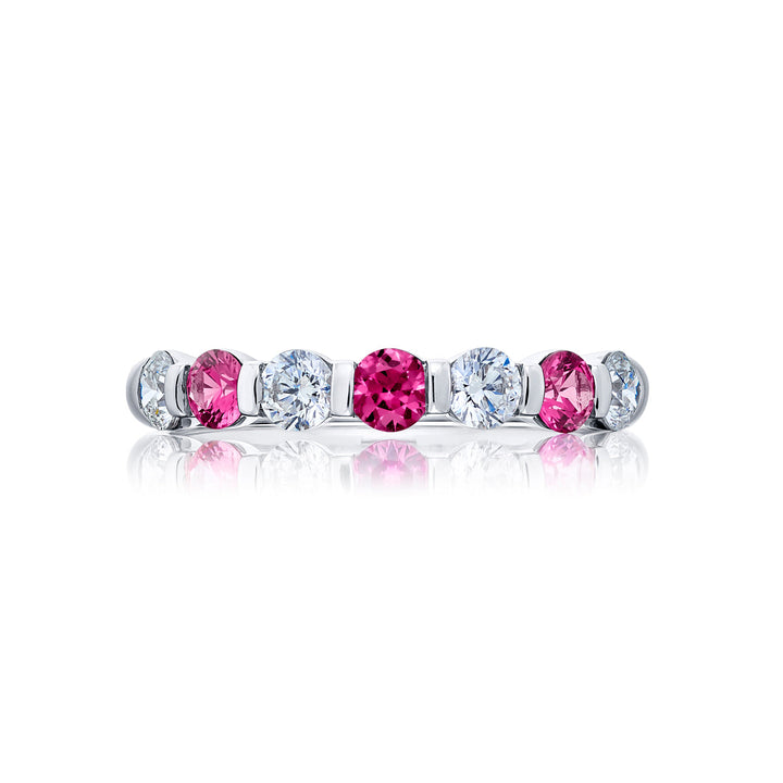 Elegance Elevated: Iconic Single-Row Pink Sapphire and Diamond Band in Pure Platinum