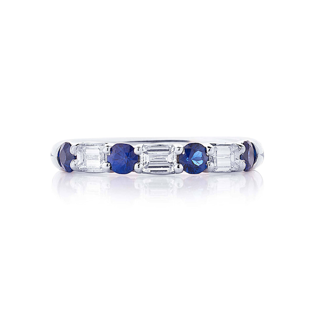 Elegance Elevated: Classic Single-Row Sapphire and Emerald-Cut Diamond Band in Platinum